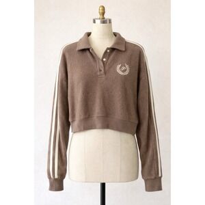 PINK Victoria's Secret Cropped‎ Fleece Pullover Sweatshirt Brown Varsity Stripe